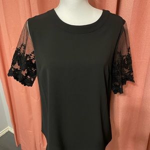 Lulu's Black Short Sleeve Blouse with Sheer Floral Sleeves